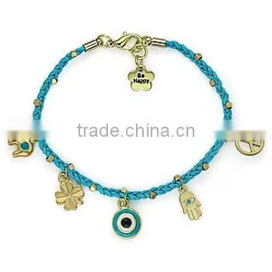 Gold Evil Eye Fatima Hand Peace Sign Four Leaf Clover Elephant Charms Bracelet Wax Cord Handwoven Friendship Bracelet Luck Charm thumbnail-1