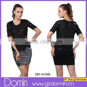 New Design Fashion Short Sleeve Embellished Chiffon Top thumbnail-1