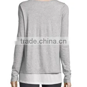 High Quality Double-Layer Long-Sleeve Tee/Pima Cotton Relaxed Style Top Layer Side Open Hemp t Shirt for Women thumbnail-2