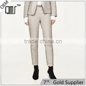 Elegant Fancy Roll-up Hem Linen Grey Dress Pants With Braided Belt thumbnail-1