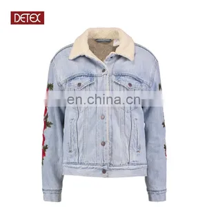 Factory OEM Embroidered Sherpa Lining Womens Denim Jacket thumbnail-1