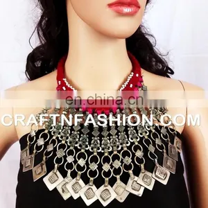Vintage Style Kuchi Necklace - Afghan Bib Tribal Old Necklace - Designer Afghani Bohemian 1960s Jewelry thumbnail-1