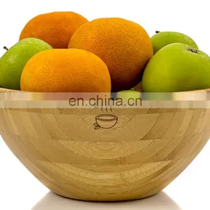 Biodegradable Antique Natural Bamboo Fiber Wooden Salad Mask Fruit Round Yellow Rice Bowl With Fork and Spoon Set thumbnail-1