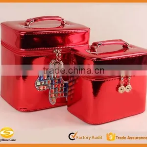Red Shinny Leahter Makeup Vanity Train Case,Cosmetic Studio Case Jewelry Storage Organizer Case thumbnail-1
