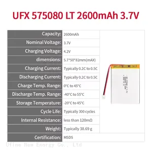3.7V 2500mAh UFX 575080 Low Temperature Lithium Ion Rechargeable Battery Wholesale thumbnail-2