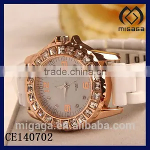 Fashion Alloy Case Rhinestone Bezel Ceramics Watch for Women*rosy Gold Plating Rhinestone Ceramics Watch thumbnail-1