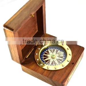 Antique Vintage Solid Brass Gift Compass With Wooden Box 13522 thumbnail-1