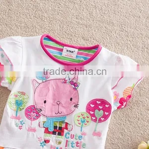 2-6T (S63145#White)Start Kids Clothing Wholesale Summer Baby Wear Kitty Cat Appliqued t Shirt thumbnail-3