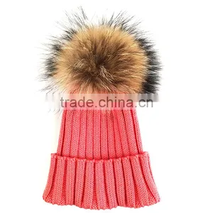 Myfur Cute Peach Color Warm Ribbed Knitting Hat With Natural Raccoon Fur Ball thumbnail-3
