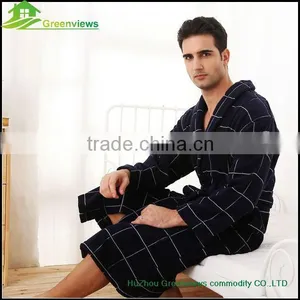 Men Cotton Bathrobe Plaid White and Black Cheap Cotton Men Bathroom Robes thumbnail-4