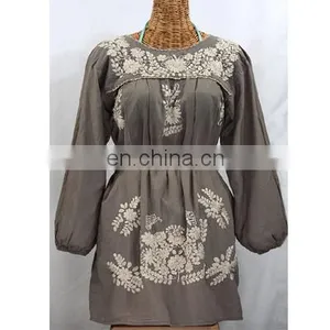 Women's Grey Blouse Embroidery Boho Latest Design Summer Cheap Blouse Heavy Knit Cotton Tunic Top With Adjustable Belt thumbnail-1