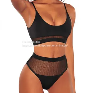 New Black Fishnet Mesh High Waist Thin Shoulder Strap Bikini Set Women Sexy See Through Swimwear thumbnail-1