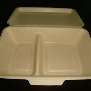 1000ml Double Grid Lunch Box 9 * 6 Degradable Environmental Protection Lunch Box Take Out Pulp Bagasse Lunch Box Disposable Lunch Box Single Double Grid Salad Box thumbnail-4
