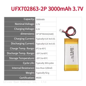 Li Ion Cell Manufacturing Lithium Battery Electronic Wind Instrument UFX 702863-2P 3000mAh 3.7V Best Lithium Batteries thumbnail-2