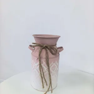 Blue White Metal Milk Can Vase With Jute Rope, Farmhouse Embossed Metal Pitcher for Home & Wedding Decor thumbnail-4