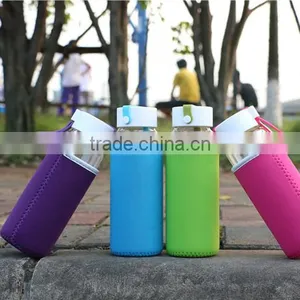 Promotional Gift Portable Reusable 500ml Glass Water Bottle Cheap Flat Glass Water Bottle With Color Cup Coat thumbnail-2