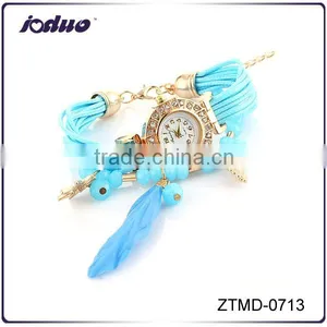 Fashion Women Bead Bracelet Feather Quartz Watch Wholesale thumbnail-1