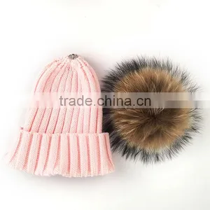 Myfur Wholesale Baby Pink Top Quality Raccoon Fur Pompoms Hat And Cap thumbnail-2
