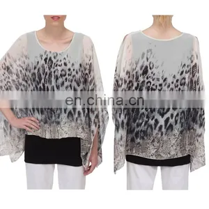 Batwing Sleeve Chiffon Tribal Animal Print Poncho for Old Women thumbnail-1