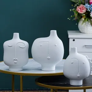Abstract People Face Nordic Style White Ceramic Vase Three-Piece For Soft Decoration thumbnail-1