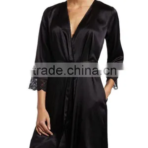 Black Short Satin Kimono Bathrobe/lounge Robe With Lace thumbnail-1