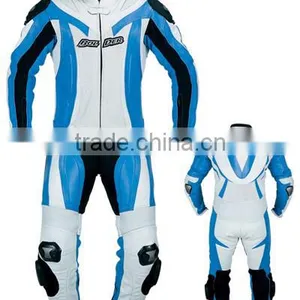 Sky Blue Motorcycle Riding Racing Leather Track Suit w/ Padding All Leather Drag Suit thumbnail-1