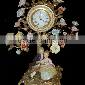 Ancient Collectable Antique Brass and Ceramic Table Clock, Decorative Lady Dancing Under Flower Tree Desk Clock thumbnail-3