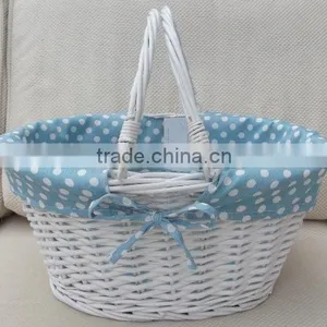 White Lined Wicker Basket With Handles Blue Gingham Toy Storage or Shopping and Gardening thumbnail-1