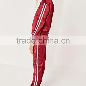 High Quality Custom Silk Flare Red Stripe Panel Satin Bomber Jacket Women Sports Gym Running Active Wear Clothing Set thumbnail-4