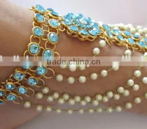 GOLD Tone TURQUOISE BLUE STONE Pearl PAYAL Anklets Toe Ring Barefoot Sandal thumbnail-3