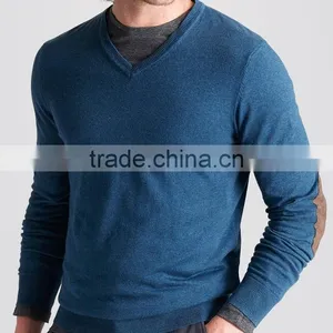 High Quality 12GG Casual Men's V-neck 100% Cashmere Sweater With Elbow Patches (BKNM10) thumbnail-1