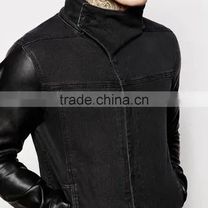 Fashion Denim Black Sleeves Leather Jacket With Pocket Custom Design thumbnail-3