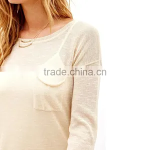 Clairvoyant Front Patch Pocket Rib Knit Cuff Crew Neck Slub Long Sleeve Knit Ladies Pullover thumbnail-4