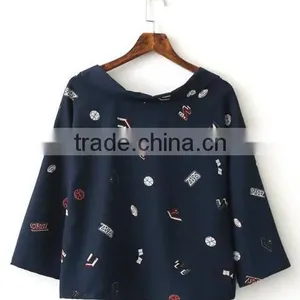 Runwaylover EY2339B Europe Style 2017 Ladies Fashion Label Printed Blouse thumbnail-4