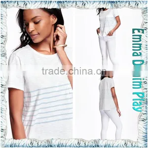 Fashion Models Custom Ladies Stripe Design White Cotton Scoop Neck Tee Shirt thumbnail-4