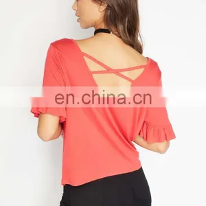 2017 Latest Fashion Top Design Red Frill Sleeve Blouse Designs T-Shirt thumbnail-3