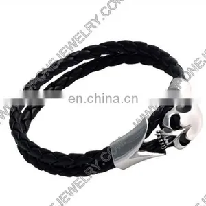 2017 Fashion Jewelry Skull Bracelet for Man Black Leather Stainless Steel thumbnail-6