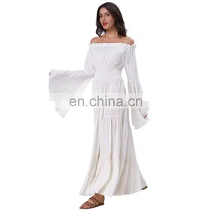 Belle Poque Retro Vintage Long Bell Sleeves Off Shoulder Cotton Flared A-Line Beige Long Maxi Dress BP000401-1 thumbnail-2
