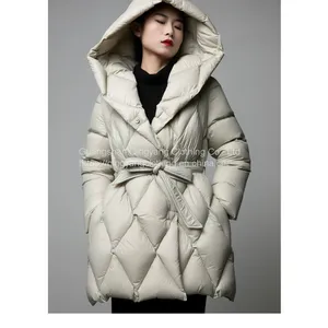 2023 High Quality Wholesale Quilted Hooded Down Padded Jacket With Belt Winter Coats for Women thumbnail-4