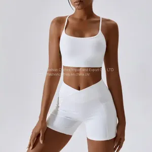Wholesale Fitness Yoga Wear 2 Piece Active Wear Set Women Gym Multi Strap Open Back Sports Bra Front Cross Over Mini Shorts Set thumbnail-5