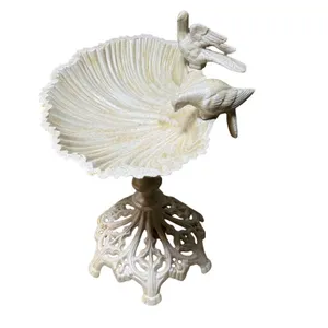 Heavy Duty Cast Iron Standing Bird Bath With 2 Decorative Birds Cream Shell thumbnail-2