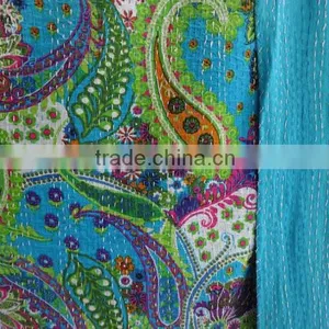 Blue Color Multi Print Paisley Cotton Bedspread, Decorative Queen Size Kantha Quilt, Reversible Indian Bed Cover, Designer Kanth thumbnail-3