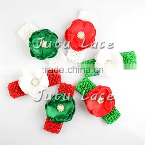 Red Green White Christmas DIY Kit Party Headband Kit -layer Satin Flower With Rhinestone Plus Crochet Elastic Headband thumbnail-2