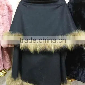 Luxury Design Lady's Cashmere and Raccoon Fur Trim Cape thumbnail-2