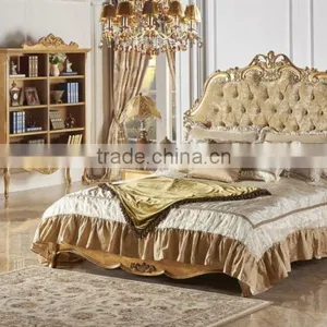 Antique Classic Upholstery Bed Set, Luxury Button Tufted Queen Bed With Gold Painting, Wood Carving Bedroom Furniture Set thumbnail-1