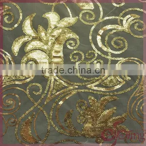 Gold Metallic Embroidery Mesh Fabric, Elegany Floral Embroidered Sequin Fabric thumbnail-2
