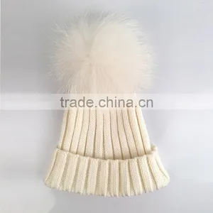 Myfur Elegant 30% Wool Knitted Striped Beanie Hat With Real Raccoon Fur Pom Pom thumbnail-2