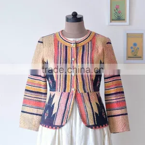 Hand Crafted Kantha Jacket in Beautiful Vintage Color Print ~ Large thumbnail-6