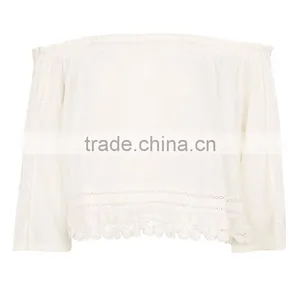 Factory Direct Sale Boho Style off Shoulder Crochet Long Sleeve Female Tops thumbnail-6