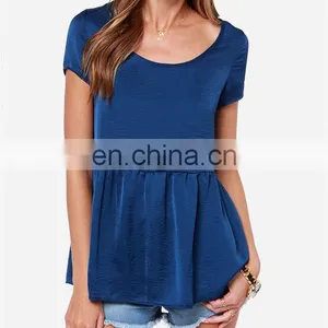 CHEFON Short Sleeve Fluttering Hem Soft Satin Ladies Blouse Ladies Top Fashion Blouse thumbnail-1